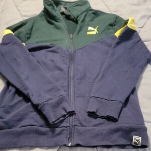 Puma Kids' Blue and Green Hoodie with Yellow Accents